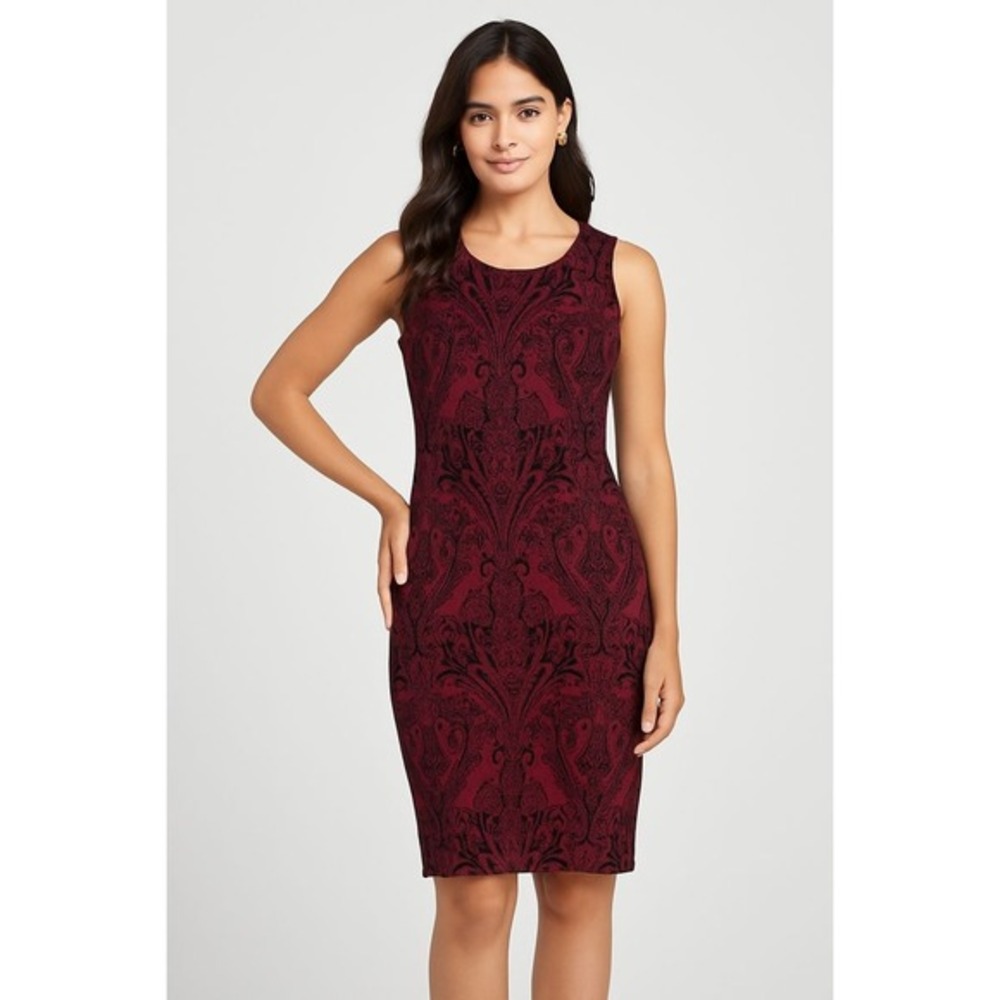 Olivia Matthews Dress Velvet Burnout Baroque Women 6 Burgundy Black Sleeveless